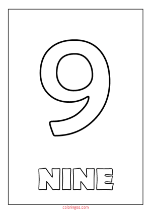 Printable Number 9 (Nine) Coloring Page (PDF) for Kids