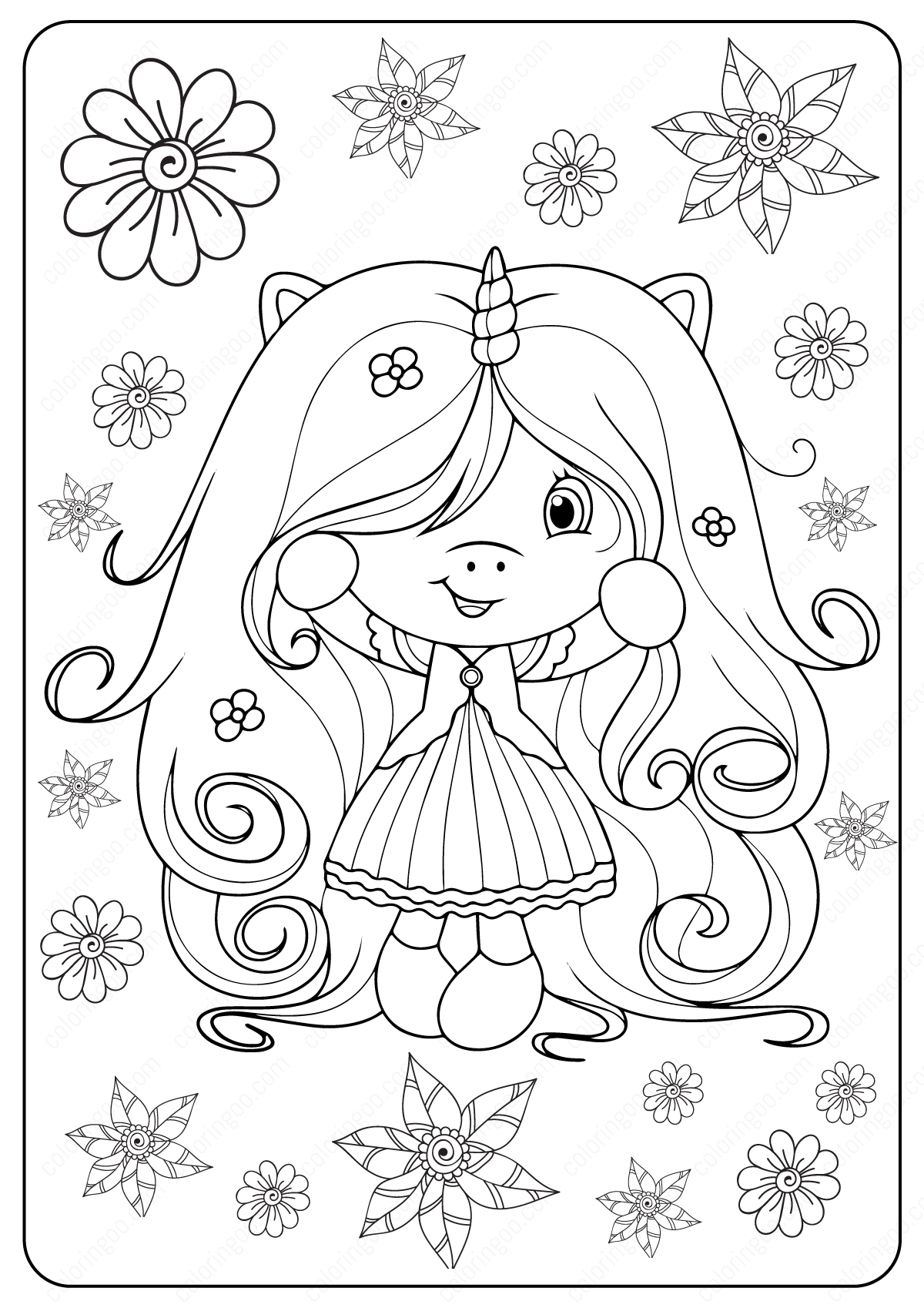 long haired unicorn girl coloring pages