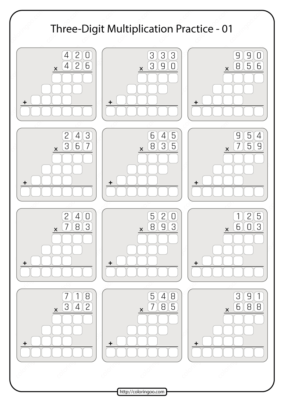 printable three digit multiplication practice 01