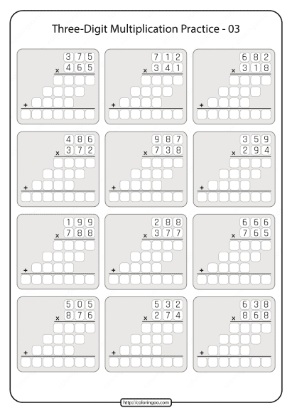 printable three digit multiplication practice worksheet 03