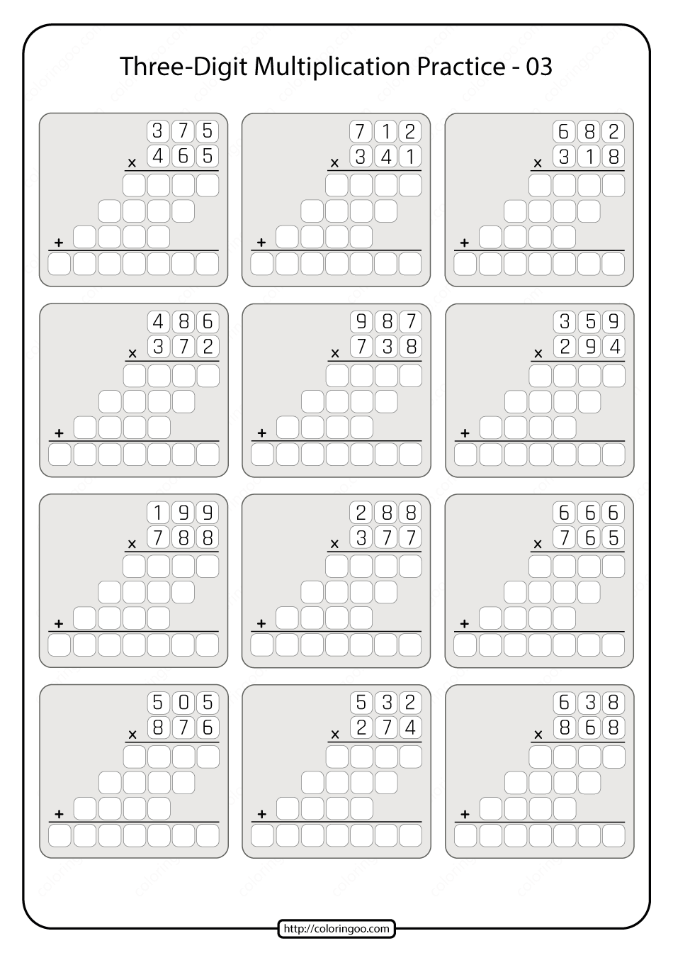 Three digit Multiplication Practice Worksheet 03