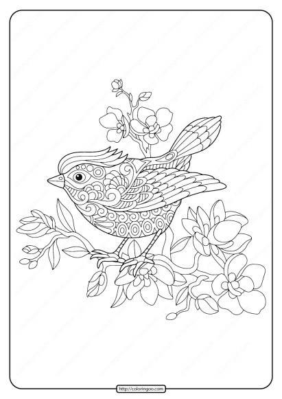 bird on flowering tree branch coloring page