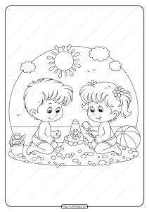 boy and girl playing on the beach coloring page