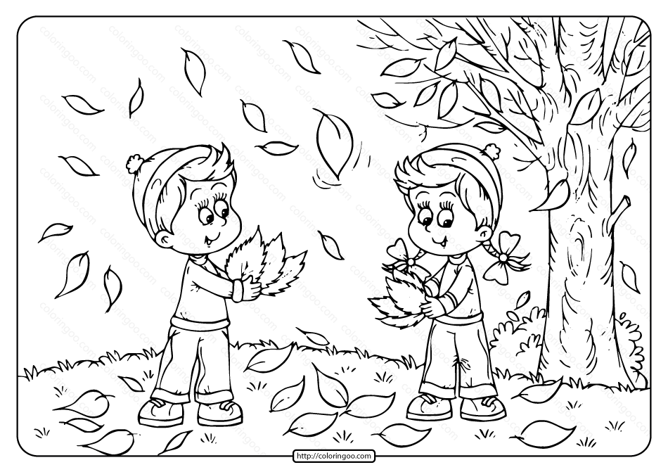 children playing in the leaves coloring page