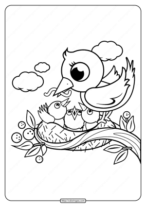 Mother and Baby Birds in Nest Coloring Page