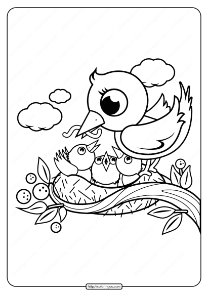 mother and baby birds in nest coloring page