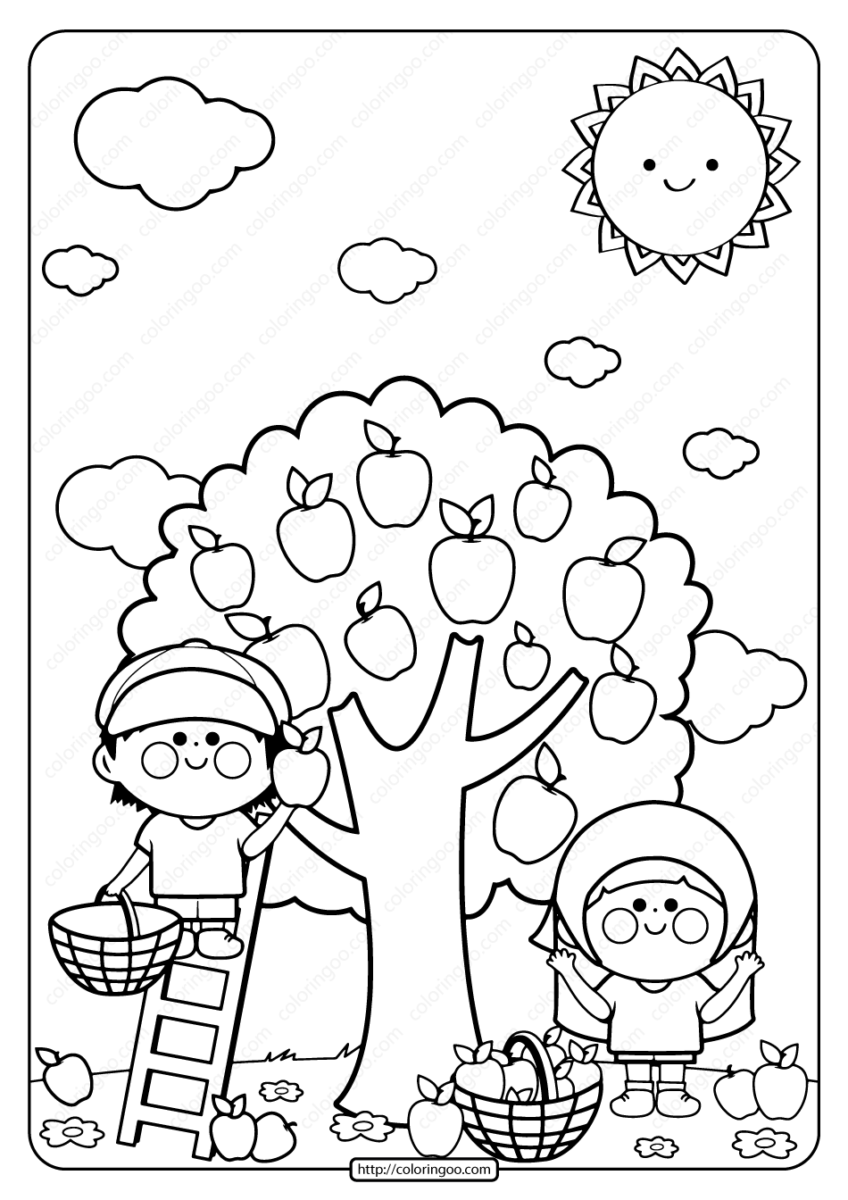 printable children picking apples pdf coloring page
