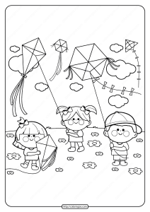 printable kids flying kites pdf coloring page