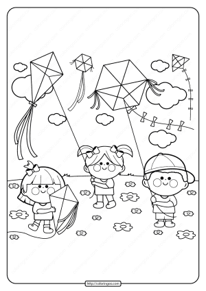 Printable Kids Flying Kites Pdf Coloring Page
