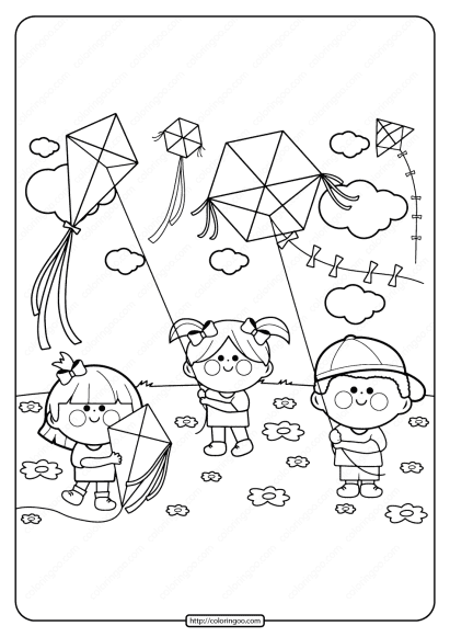 printable kids flying kites pdf coloring page