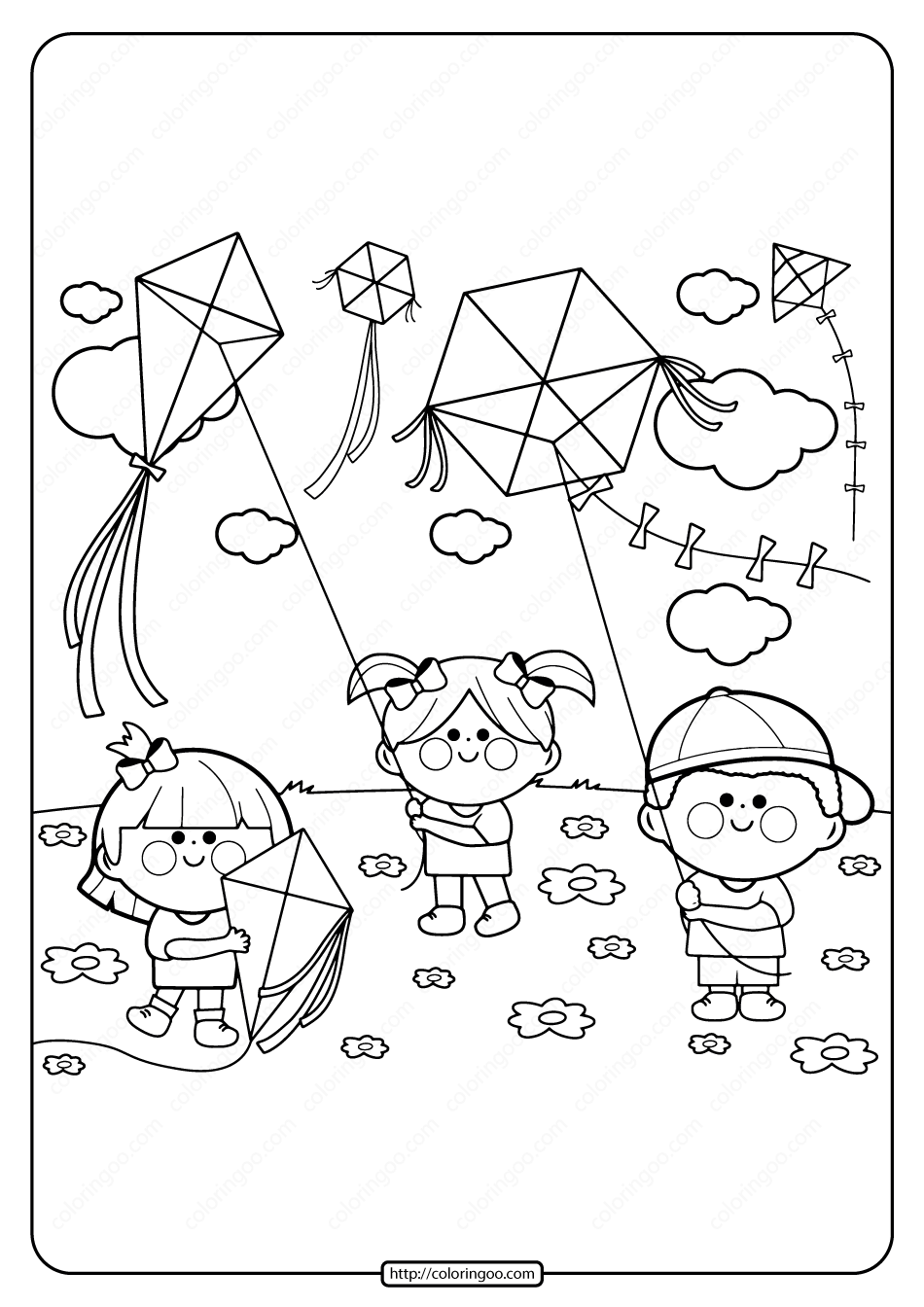 Printable Kids Flying Kites Pdf Coloring Page