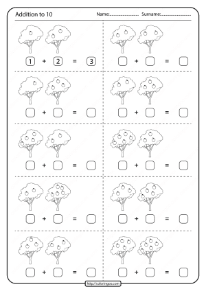Printable Math Addition to Ten (10) Worksheet