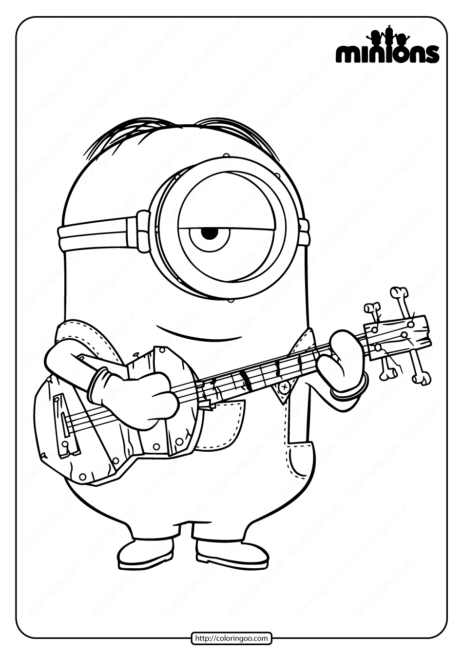 Printable Minions Play The Guitar Coloring Page