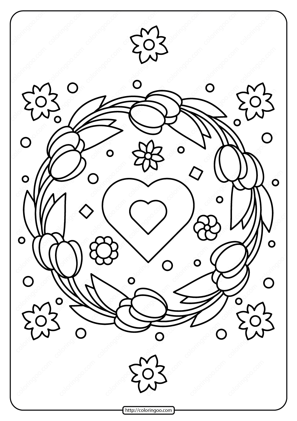 printable tulip wreath and heart coloring page