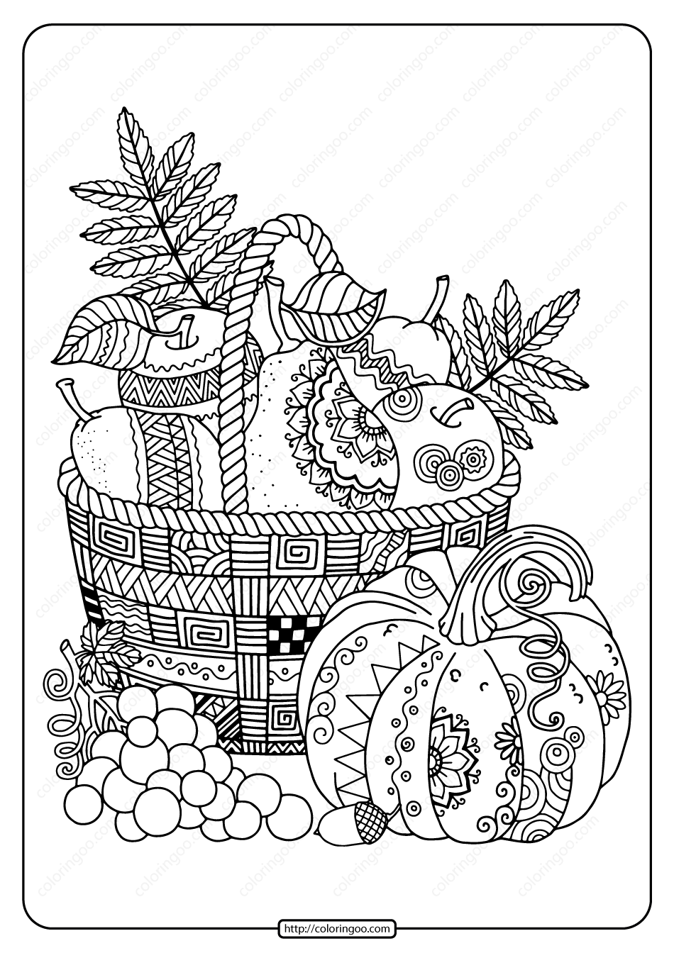 printable zentangle apples in basket coloring page