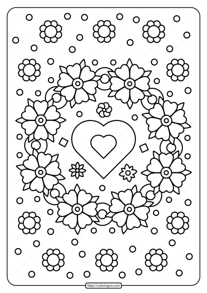 spring flower wreath with heart coloring page