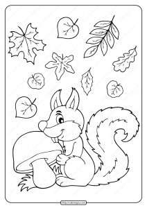 squirrel with mushroom and leaves coloring page