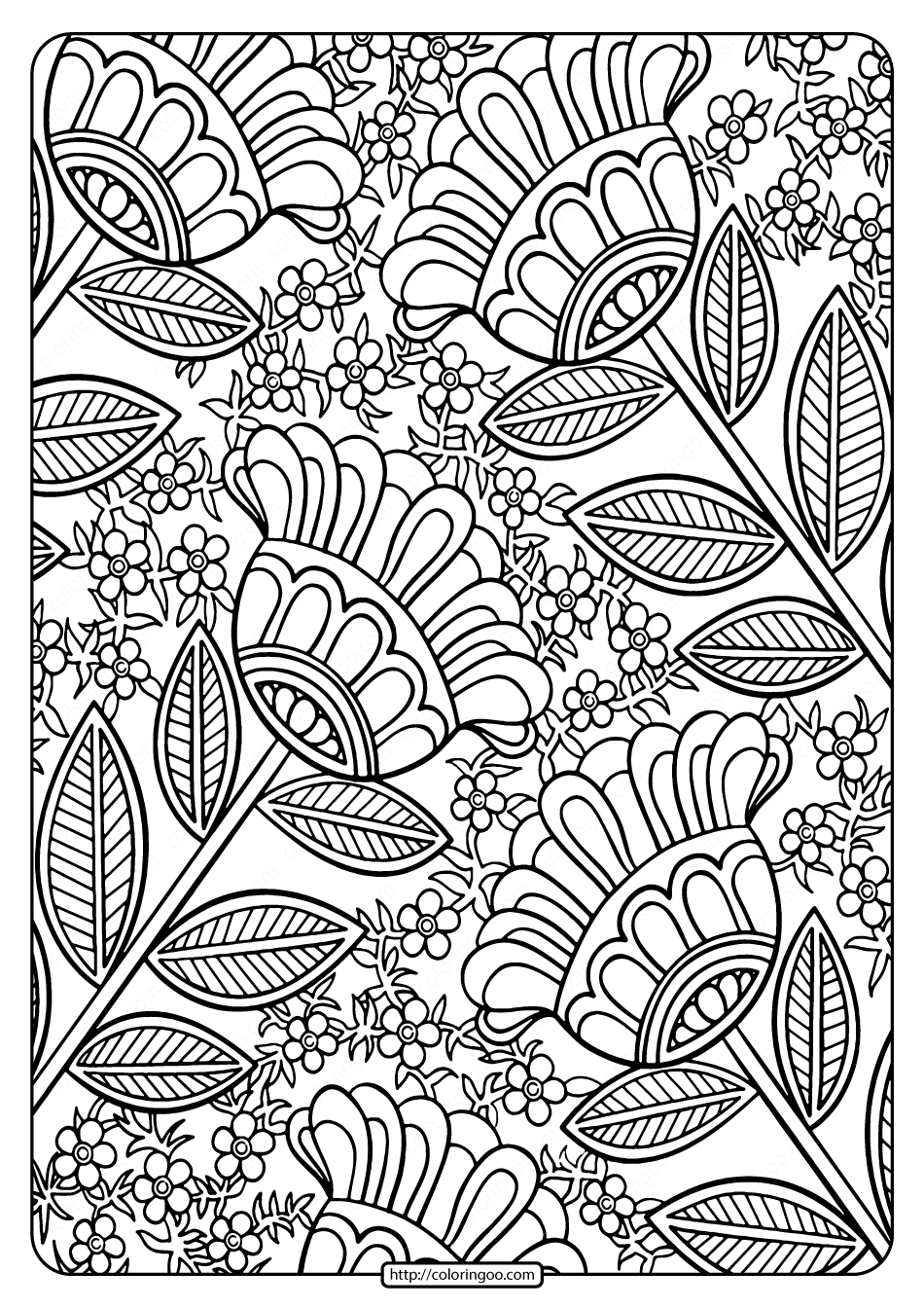 free printable four big flowers coloring pages