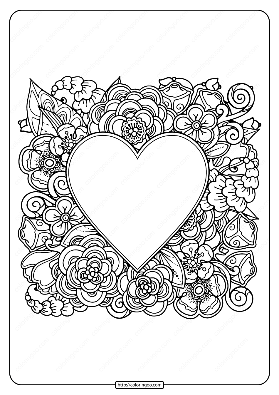 free printable heart with flowers pdf coloring page