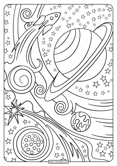 free printable rocket and planets pdf coloring page