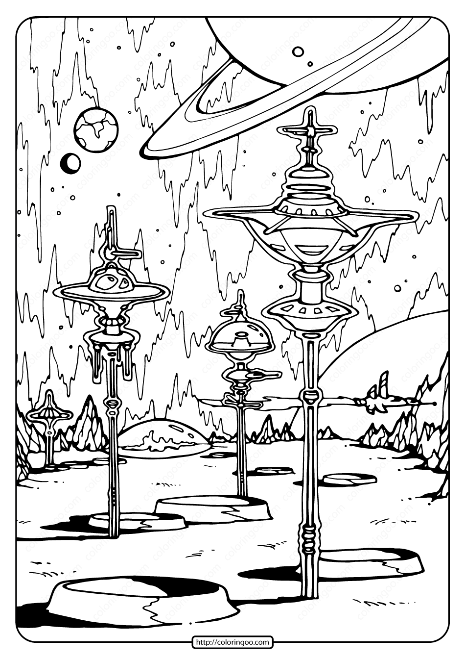 free printable space city pdf coloring page