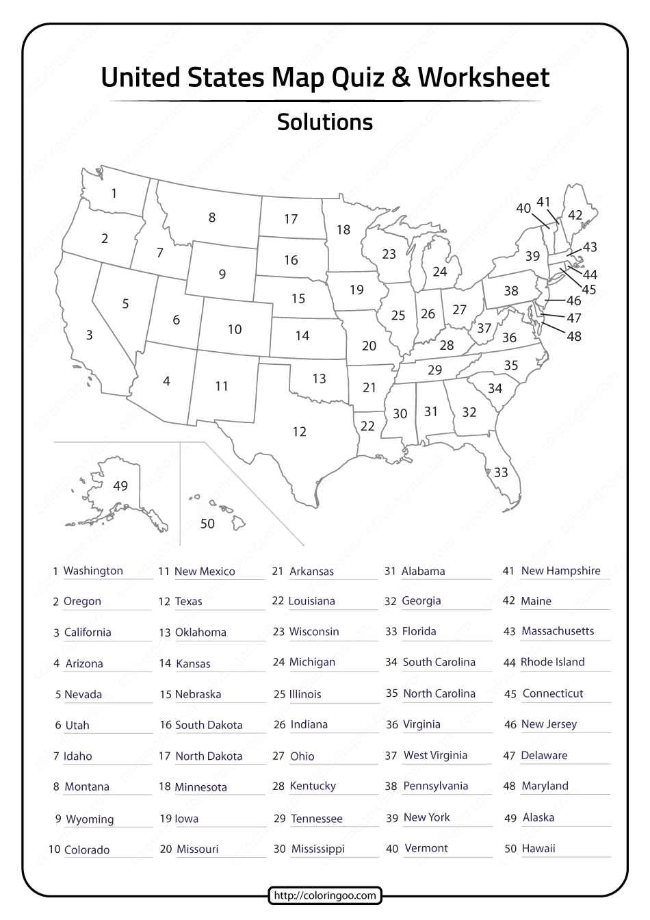Printable 50 States in United States of America Map