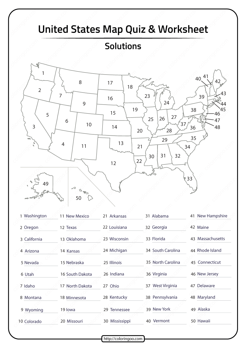 List All 50 States Quiz Printable