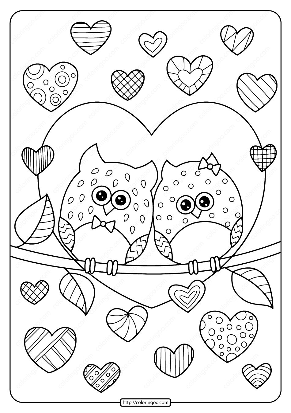 owls in love with hearts pdf coloring page