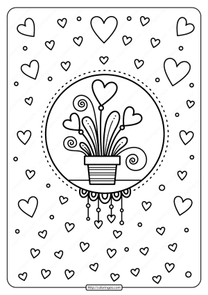 Printable Hearts in Flower Pot Pdf Coloring Page