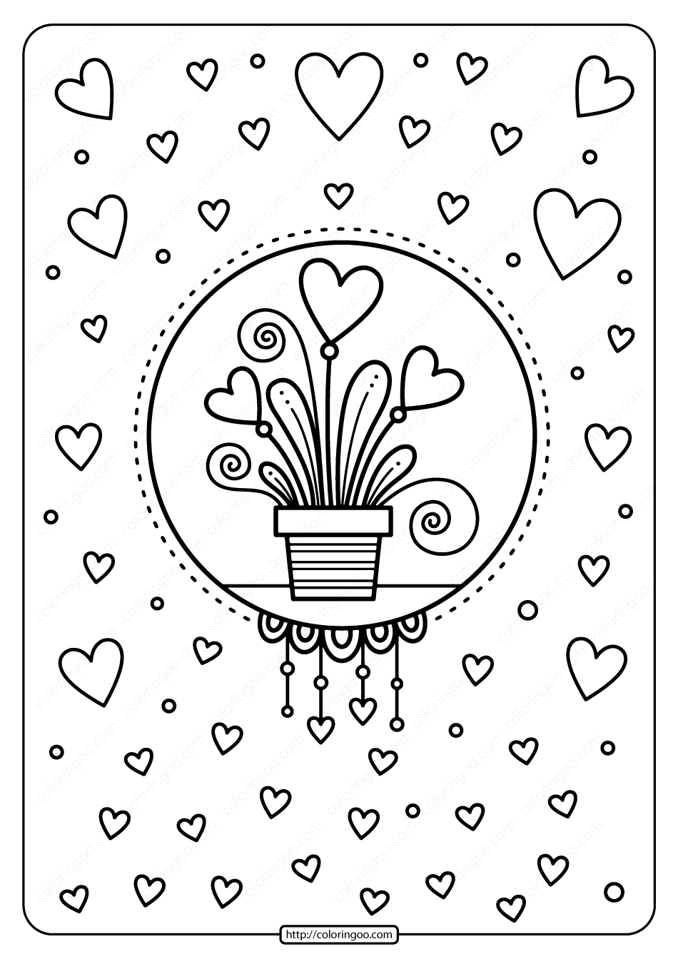 printable hearts in flower pot coloring page