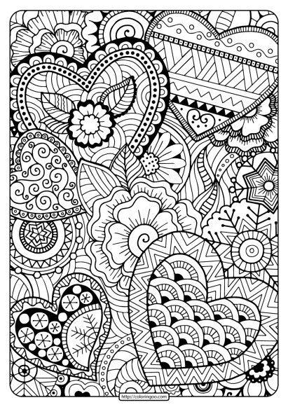 printable zentangle hearts pdf coloring page