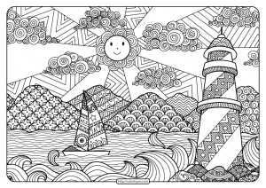 Printable Sailboat and Lighthouse Pdf Coloring Page