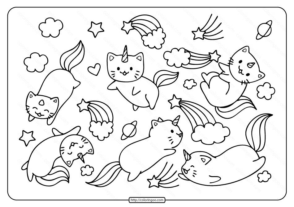 Free Printable Caticorns and Rainbows Coloring Page