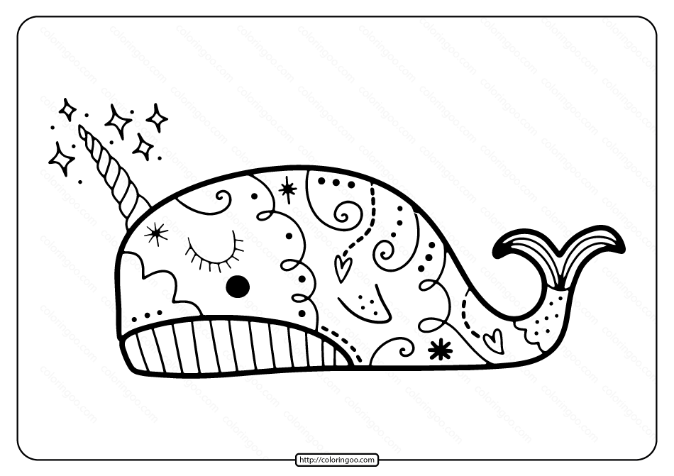 free printable cute narwhal pdf coloring page