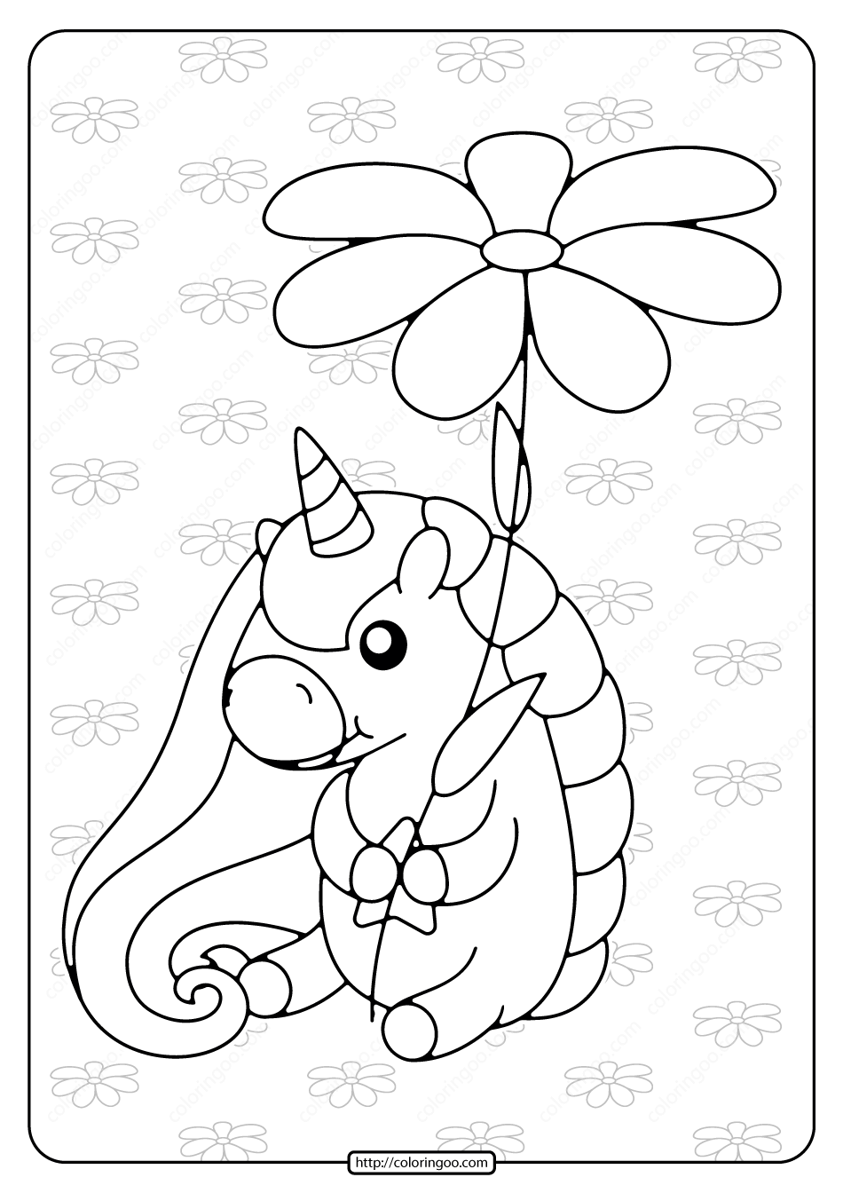 Printable Unicorn Holding a Flower Coloring Page