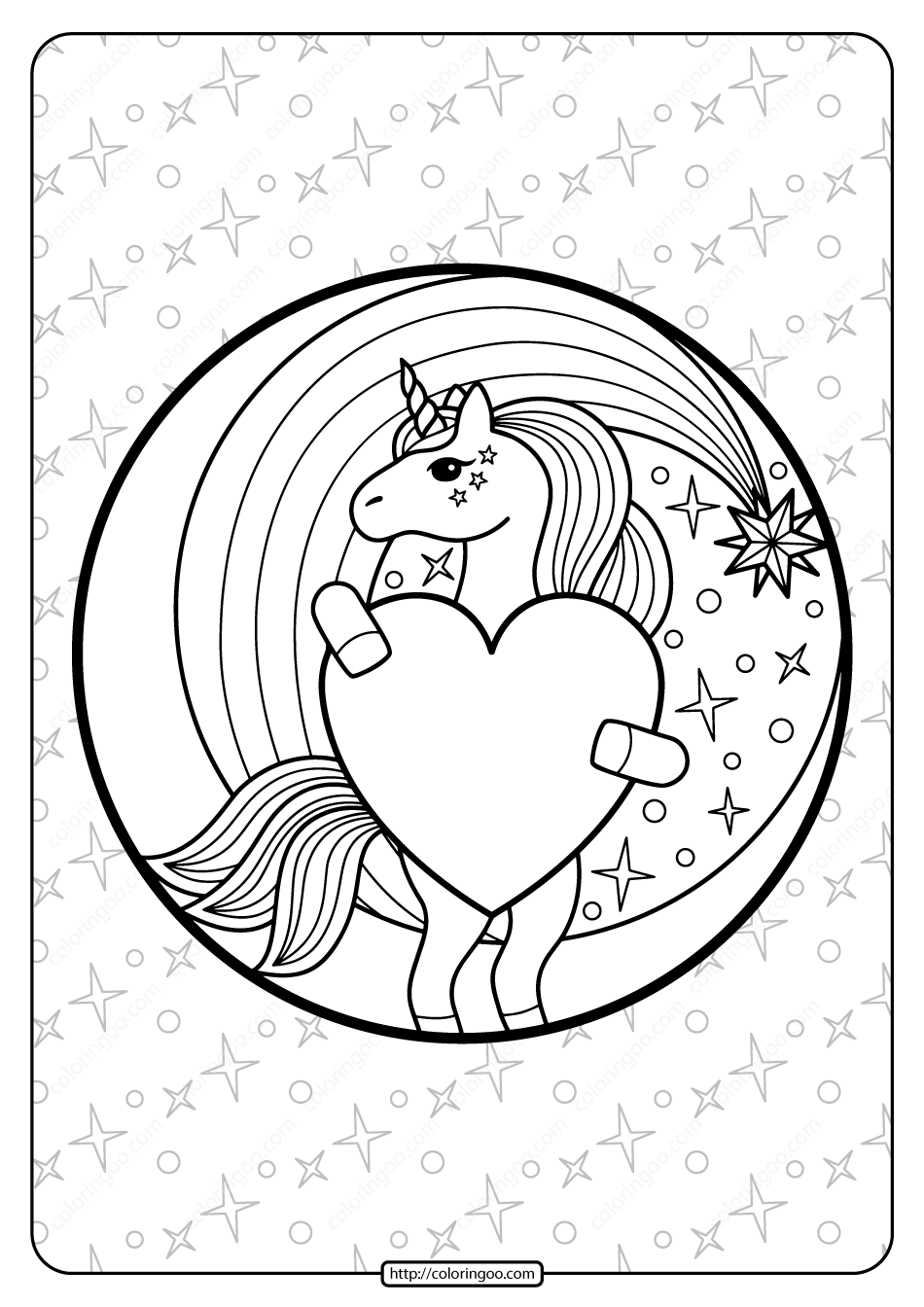 free printable unicorn holding a heart coloring page