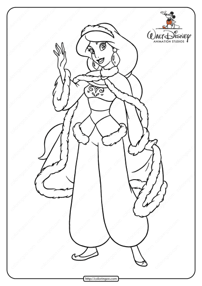 printable princess jasmine ready for winter coloring page