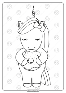 printable unicorn holding a donut coloring page