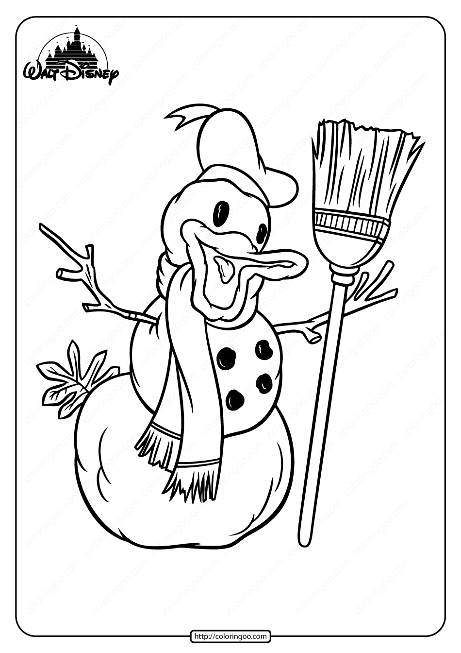 Printable Donald Duck a Snowman Coloring Page