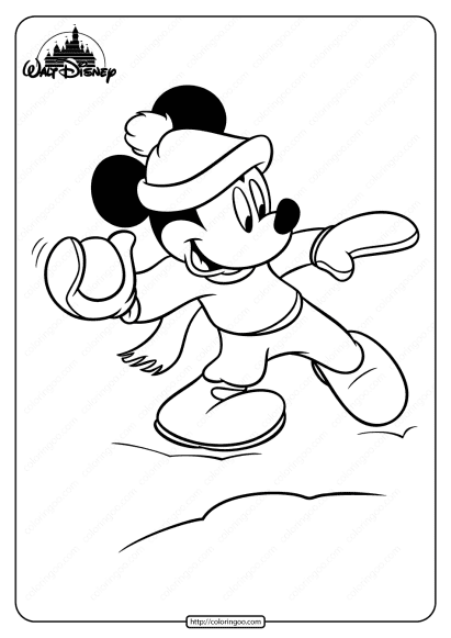 printable mickey mouse play snowball coloring page