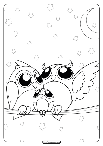 printable owl family in the night coloring page