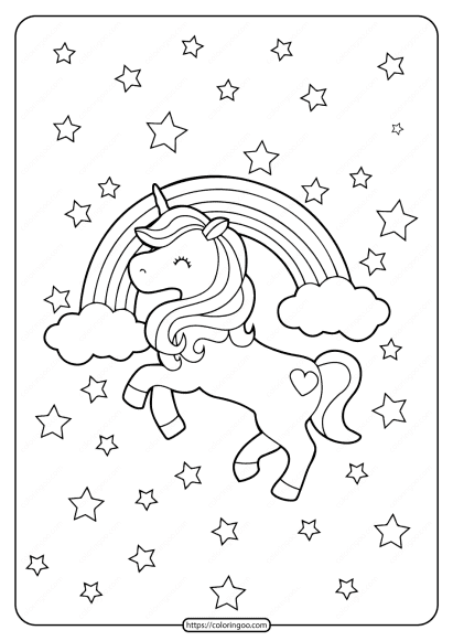 printable unicorn rainbow and stars coloring page