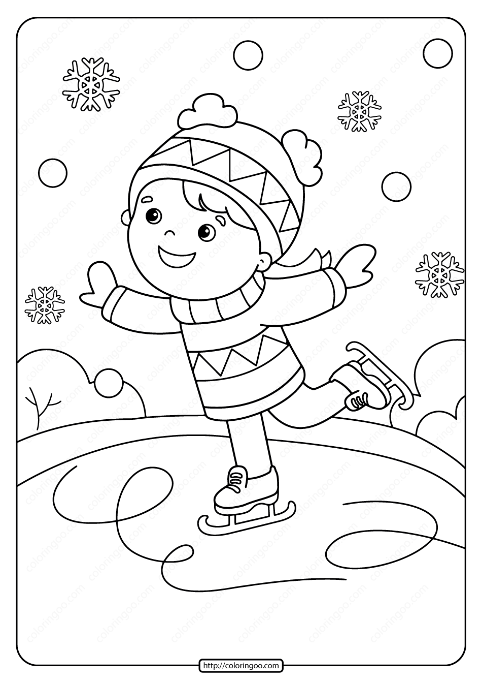 free printable girl ice skating pdf coloring page