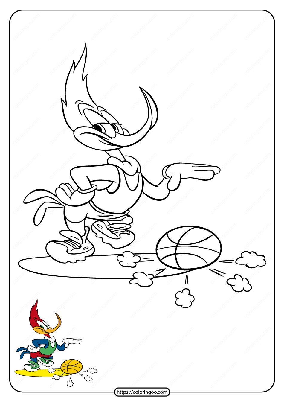 Woody Woodpecker Playing Basketball Coloring Page