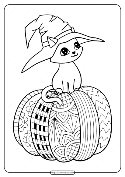 halloween witch hat cat on pumpkin coloring pages