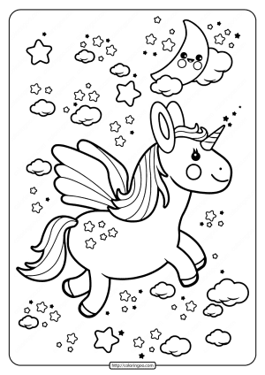Printable Flying Kawaii Unicorn Coloring Pages