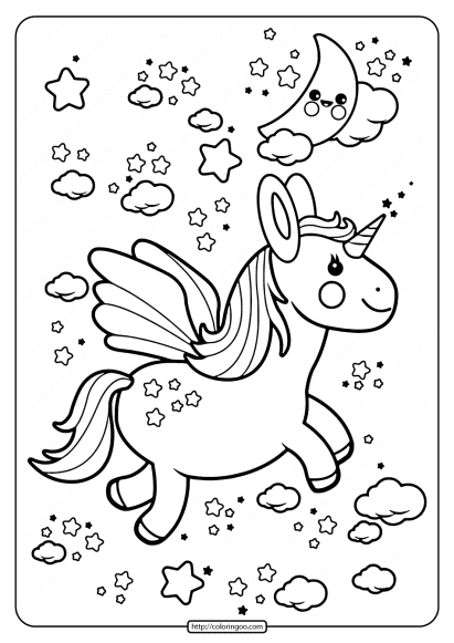 printable flying kawaii unicorn coloring pages