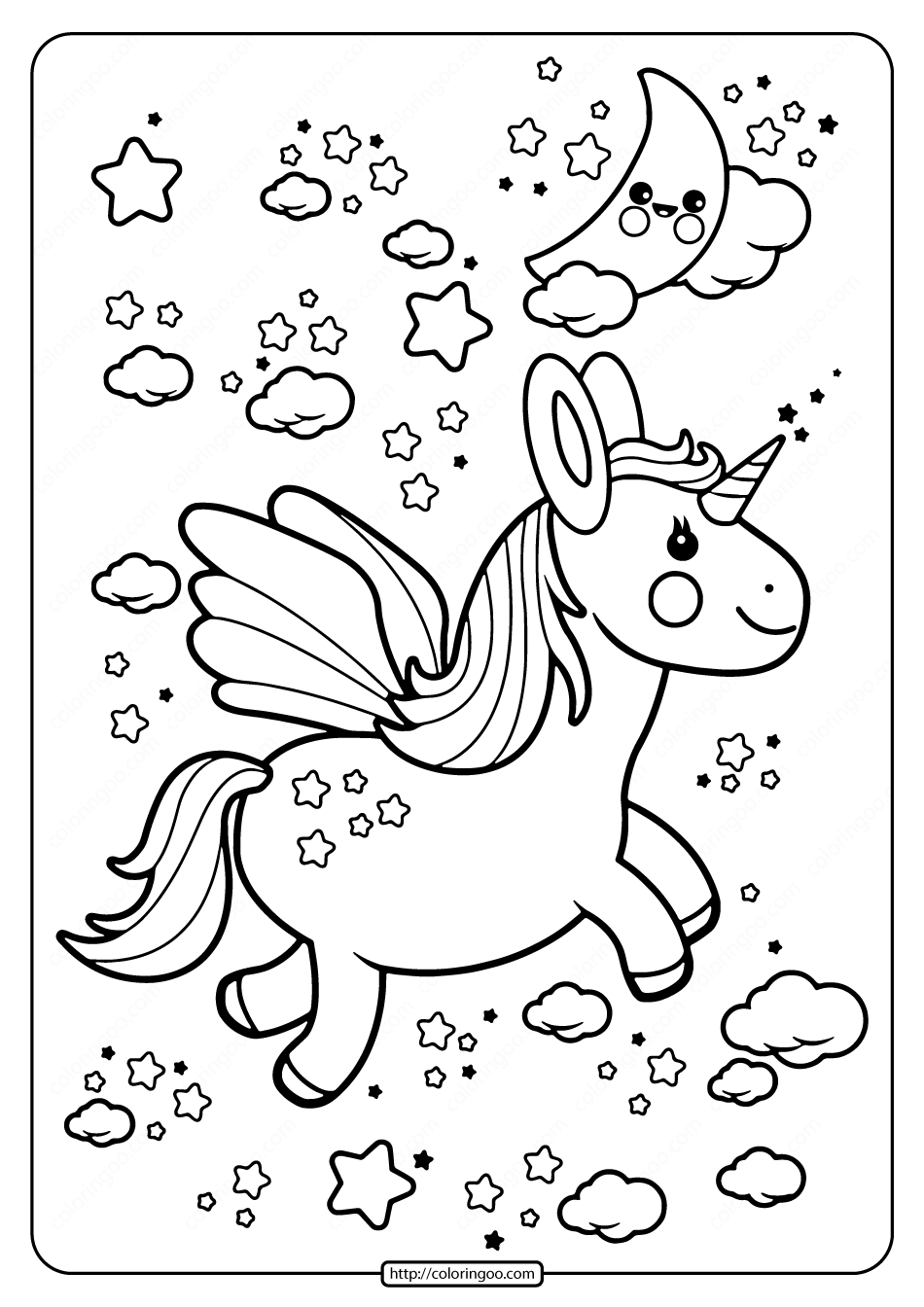printable flying kawaii unicorn coloring pages
