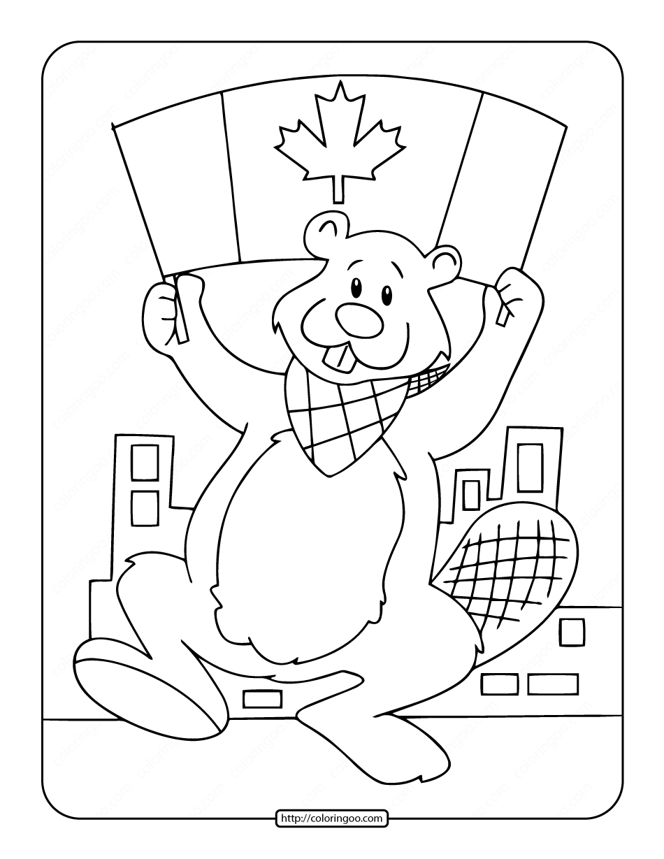 canadian beaver with canada flag coloring page