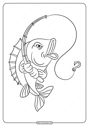 Printable Fish with Fishing Rod Coloring Pages